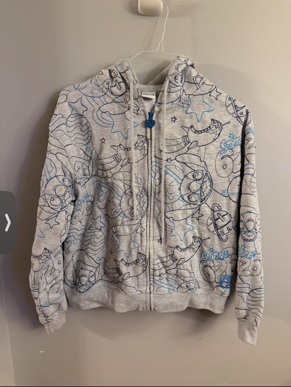 Disney Stitch 626 Allover Embroidered Zip Hoodie Gray Blue Size XL 15/17